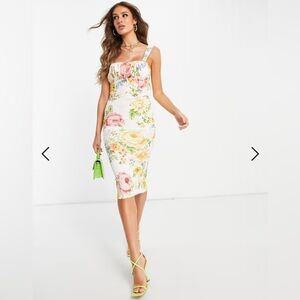 ASOS DESIGN corset pencil midi dress with ruched bust in floral print